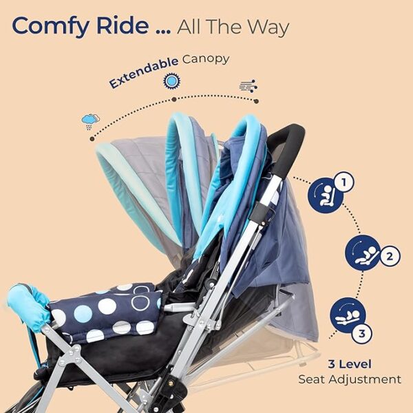 LuvLap Sunshine Baby Stroller/Pram for 0 to 3 Years, New Born/Toddler/Kid, 5 Point Safety Harness, Adjustable backrest, 360° Swivel Wheel, Large Storage Basket, Reversible Handlebar (Blue) - Image 9