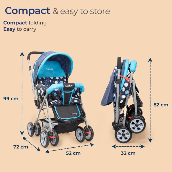 LuvLap Sunshine Baby Stroller/Pram for 0 to 3 Years, New Born/Toddler/Kid, 5 Point Safety Harness, Adjustable backrest, 360° Swivel Wheel, Large Storage Basket, Reversible Handlebar (Blue) - Image 5