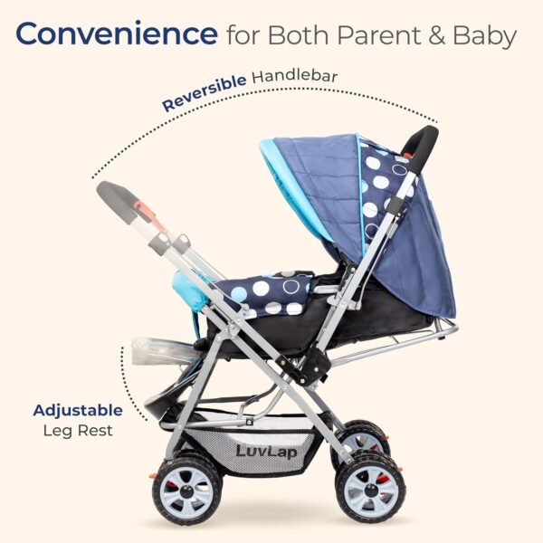 LuvLap Sunshine Baby Stroller/Pram for 0 to 3 Years, New Born/Toddler/Kid, 5 Point Safety Harness, Adjustable backrest, 360° Swivel Wheel, Large Storage Basket, Reversible Handlebar (Blue) - Image 3