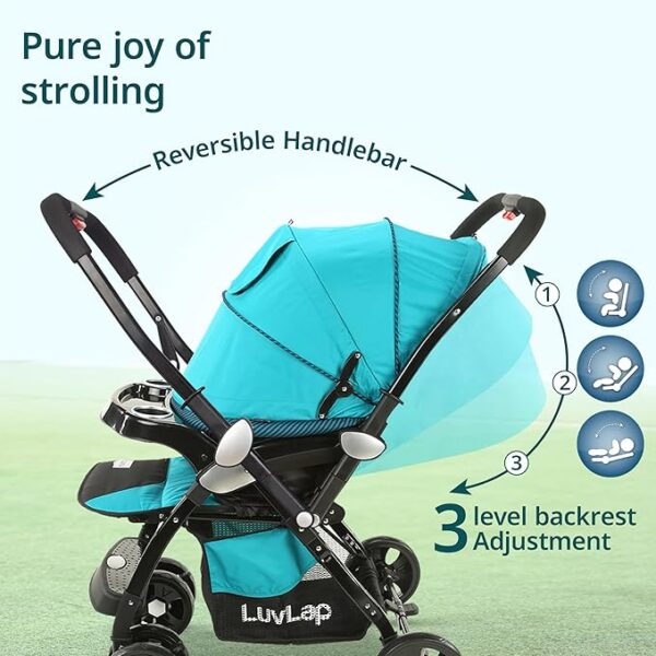 LuvLap Galaxy Baby Stroller, Pram for Baby with 5 Point Safety Harness, Spacious Cushioned seat with Multi Level seat Recline, Easy Fold, Lightweight Stroller for 0 to 3 Years (Green & Black) - Image 8