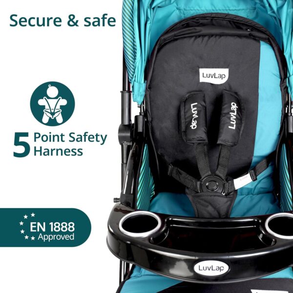 LuvLap Galaxy Baby Stroller, Pram for Baby with 5 Point Safety Harness, Spacious Cushioned seat with Multi Level seat Recline, Easy Fold, Lightweight Stroller for 0 to 3 Years (Green & Black) - Image 5